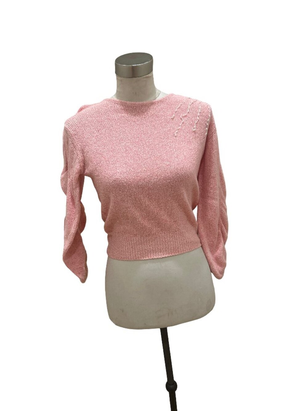 Rare Vintage 80s Patsy's Place Pink Angora Blend Puff Sleeve Pearl Sweater S